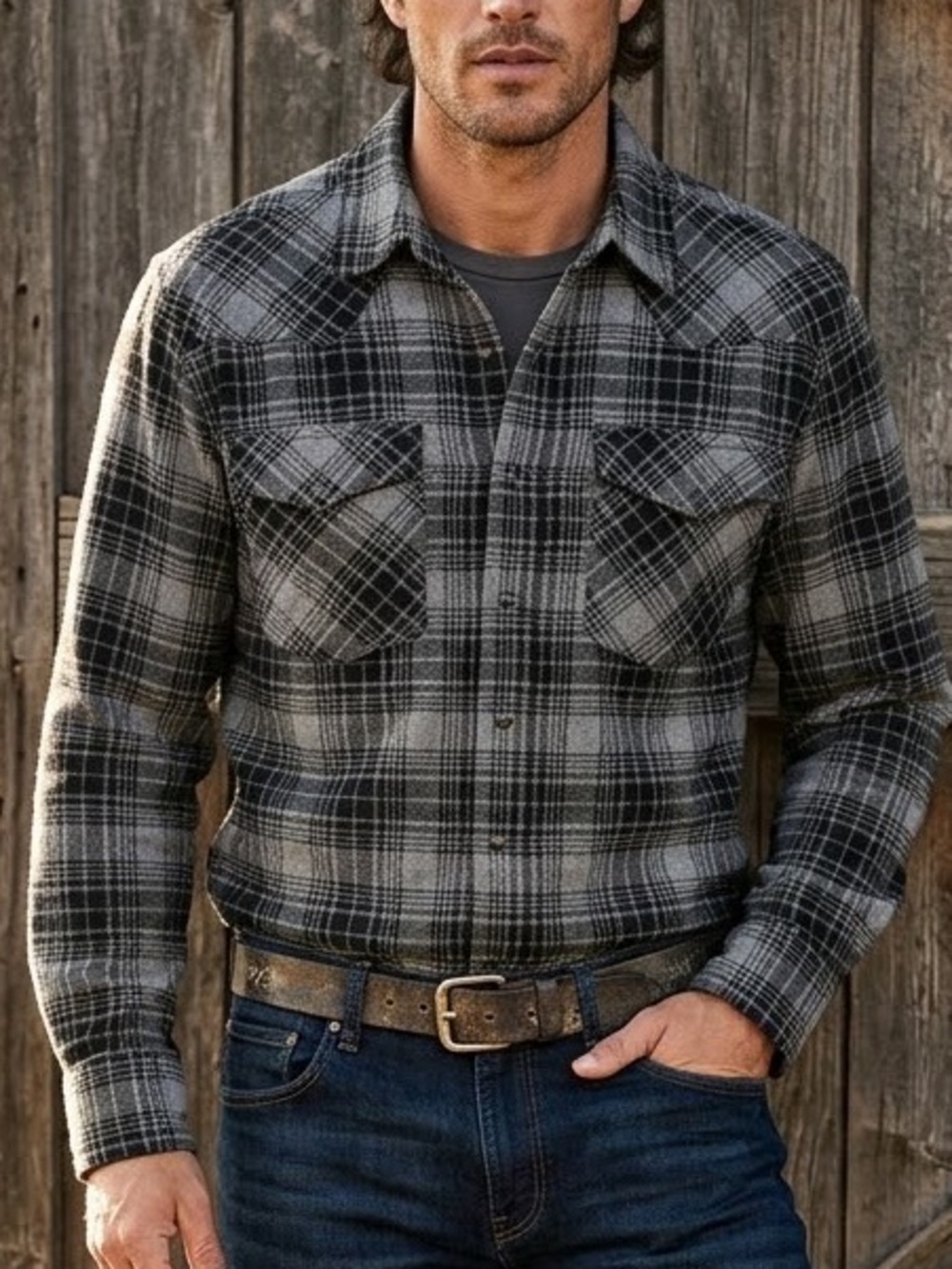 Men's Gray & Black Plaid Slim Straight Shirt Jacket